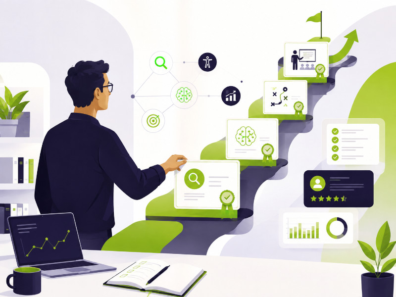 Illustrazione di un professionista davanti a un percorso di attestati che rappresenta la crescita delle competenze