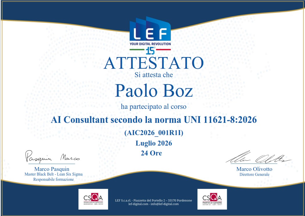 Attestato AIconsultant uni 11621-8 paolo boz
