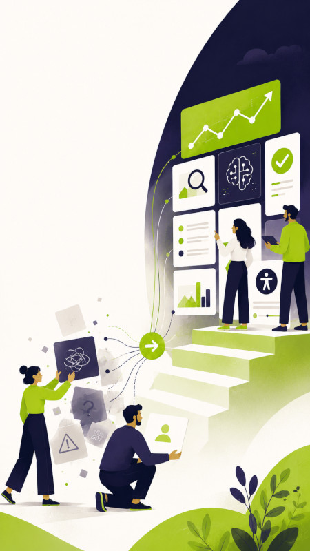 Illustrazione di un gruppo di professionisti che trasforma problemi e dati disordinati in analisi, soluzioni e risultati strutturati