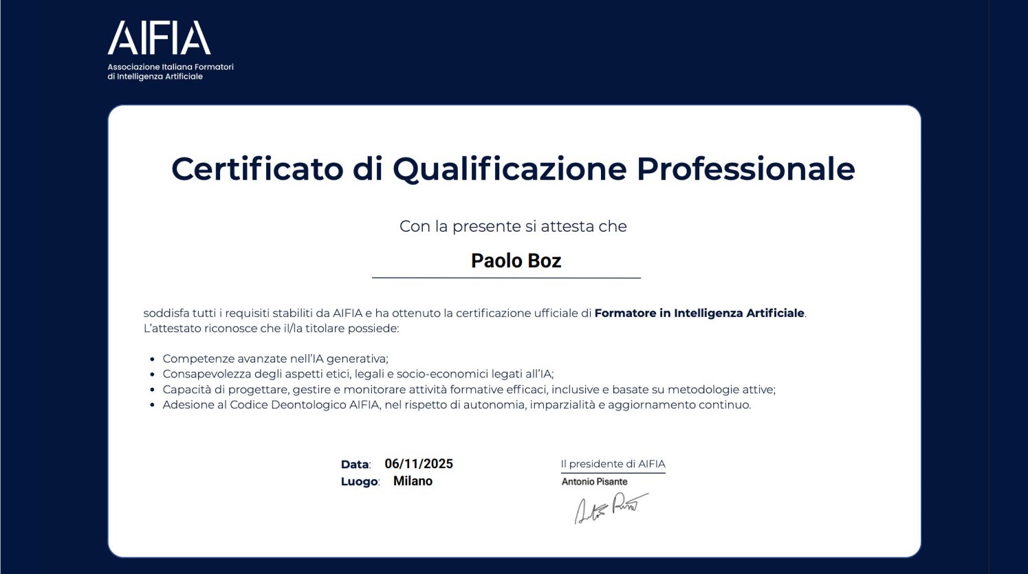Certificato Formatore Intelligenza Artificiale AIFIA Paolo Boz