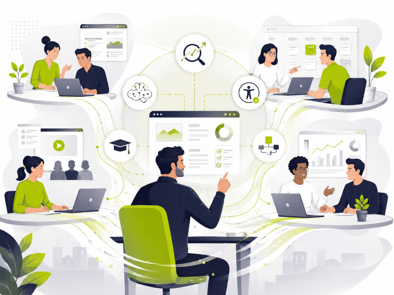 Illustrazione di un consulente che coordina diversi team collegati, con dashboard e simboli dedicati a SEO, intelligenza artificiale, accessibilità, formazione e gestione dei progetti.