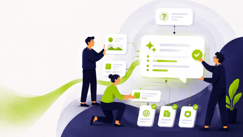 Illustrazione di un team che organizza contenuti e fonti per aumentare la possibilità di entrare nelle risposte AI attraverso l’AEO