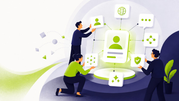 Illustrazione di un team che collega profilo, contenuti, autorevolezza e segnali di fiducia per rendere riconoscibile l’identità del brand nella GEO