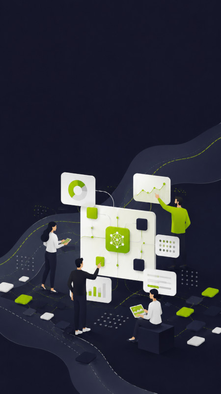 Team al lavoro su un sistema di intelligenza artificiale con dati, grafici e flussi interconnessi