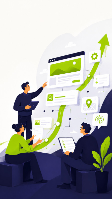 Illustrazione di un team che collabora a una consulenza SEO tra analisi, contenuti, ottimizzazione tecnica e crescita della visibilità online