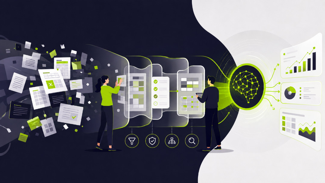 Illustrazione del processo che trasforma dati aziendali frammentati in informazioni strutturate e utilizzabili dall’intelligenza artificiale.