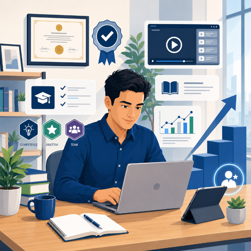 Uomo al computer in un ambiente di lavoro illustrato, circondato da certificati, corsi online, badge e grafici che rappresentano autoformazione e crescita professionale