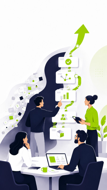 Team aziendale durante un percorso di formazione sull’intelligenza artificiale, con dati e attività organizzati in un processo di apprendimento e crescita