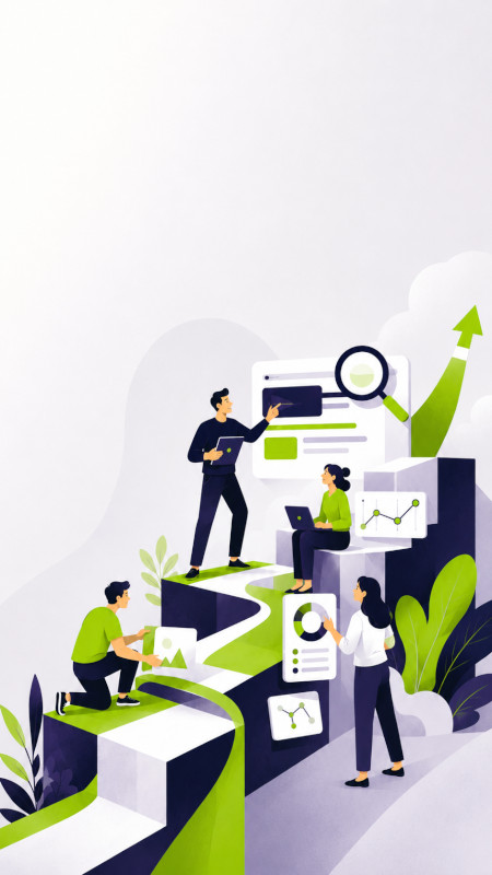 Formatore SEO guida un gruppo di professionisti nell’analisi di contenuti, dati e risultati di ricerca lungo un percorso di crescita