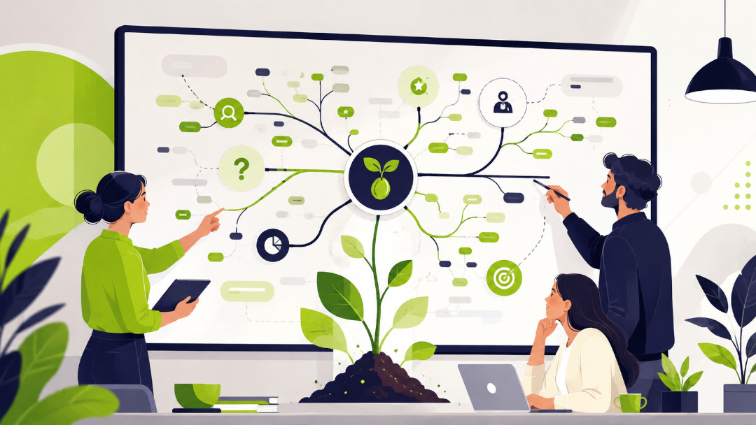 Illustrazione di un team che sviluppa una seed keyword in cluster, domande e parole chiave correlate.