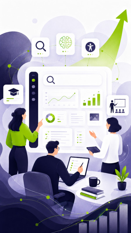 Tre professionisti analizzano una dashboard digitale dedicata a SEO, AI, accessibilità, formazione e crescita aziendale.
