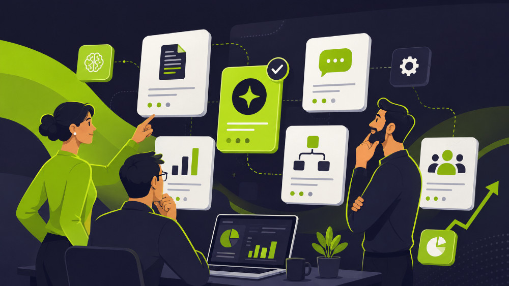 Rappresentazione di un team di una PMI che valuta diversi tool AI per documenti, dati, assistenza clienti e automazioni.