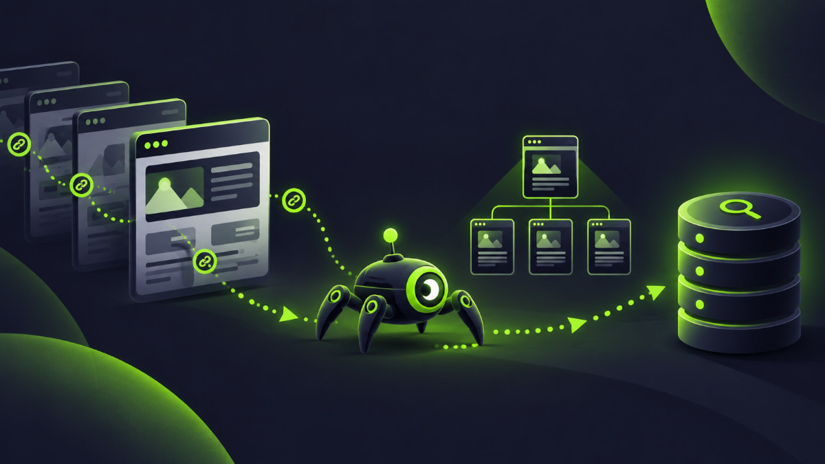 Illustrazione del crawling e dell’indicizzazione di un sito web, con pagine collegate, crawler, sitemap e database di ricerca.
