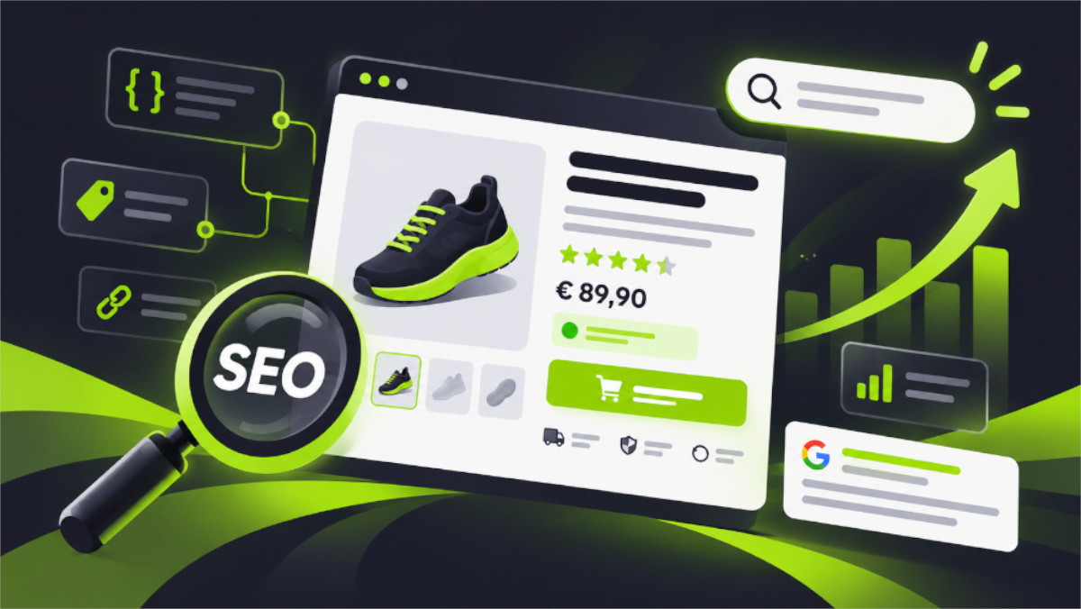 Illustrazione chhe evoca una scheda prodotto ecommerce ottimizzata per la SEO, con immagini, prezzo, dati strutturati, ricerca e segnali di crescita.