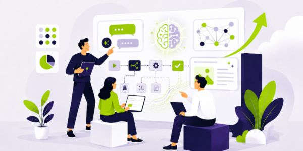 Formatore guida due professionisti nell’uso dell’intelligenza artificiale, tra prompt, flussi automatizzati e reti di dati